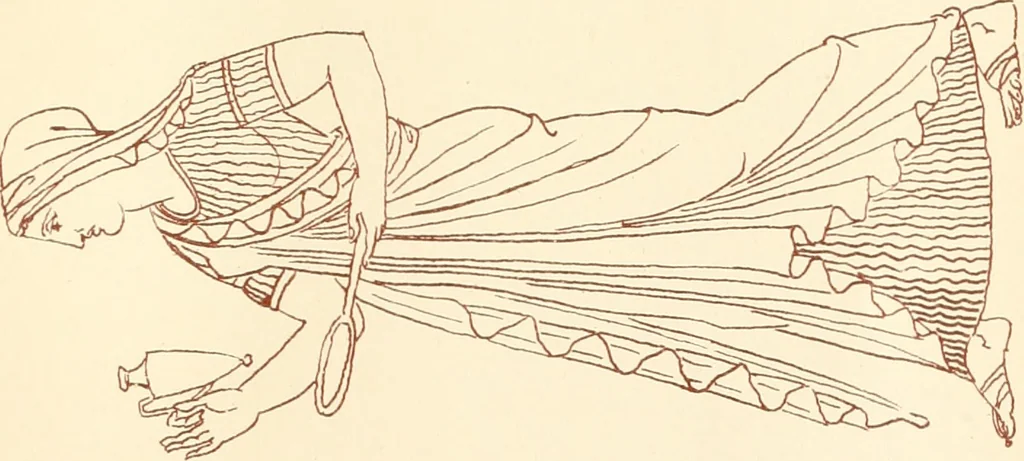 An illustration from Ancient Greek female costume : illustrated by one hundred and twelve plates and numerous smaller illustrations ; with descriptive letterpress and descriptive passages from the works of Homer, Hesiod, Herodotus, Aeschylus, Euripides, Aristophanes, Theocritus, Xenophon, Lucian, and other Greek authors, 1882, leaf 270