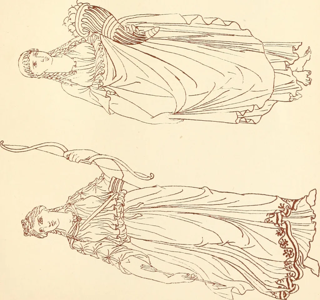 An illustration from Ancient Greek female costume : illustrated by one hundred and twelve plates and numerous smaller illustrations ; with descriptive letterpress and descriptive passages from the works of Homer, Hesiod, Herodotus, Aeschylus, Euripides, Aristophanes, Theocritus, Xenophon, Lucian, and other Greek authors, 1882, leaf 272