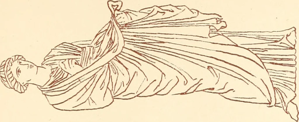 An illustration from Ancient Greek female costume : illustrated by one hundred and twelve plates and numerous smaller illustrations ; with descriptive letterpress and descriptive passages from the works of Homer, Hesiod, Herodotus, Aeschylus, Euripides, Aristophanes, Theocritus, Xenophon, Lucian, and other Greek authors, 1882, leaf 274