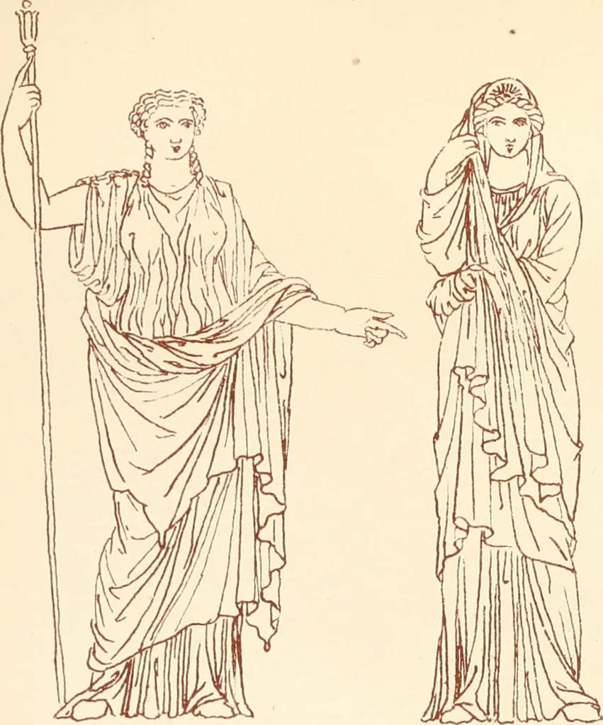 An illustration from Ancient Greek female costume : illustrated by one hundred and twelve plates and numerous smaller illustrations ; with descriptive letterpress and descriptive passages from the works of Homer, Hesiod, Herodotus, Aeschylus, Euripides, Aristophanes, Theocritus, Xenophon, Lucian, and other Greek authors, 1882, leaf 274