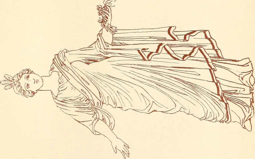 An illustration from Ancient Greek female costume : illustrated by one hundred and twelve plates and numerous smaller illustrations ; with descriptive letterpress and descriptive passages from the works of Homer, Hesiod, Herodotus, Aeschylus, Euripides, Aristophanes, Theocritus, Xenophon, Lucian, and other Greek authors, 1882, leaf 276