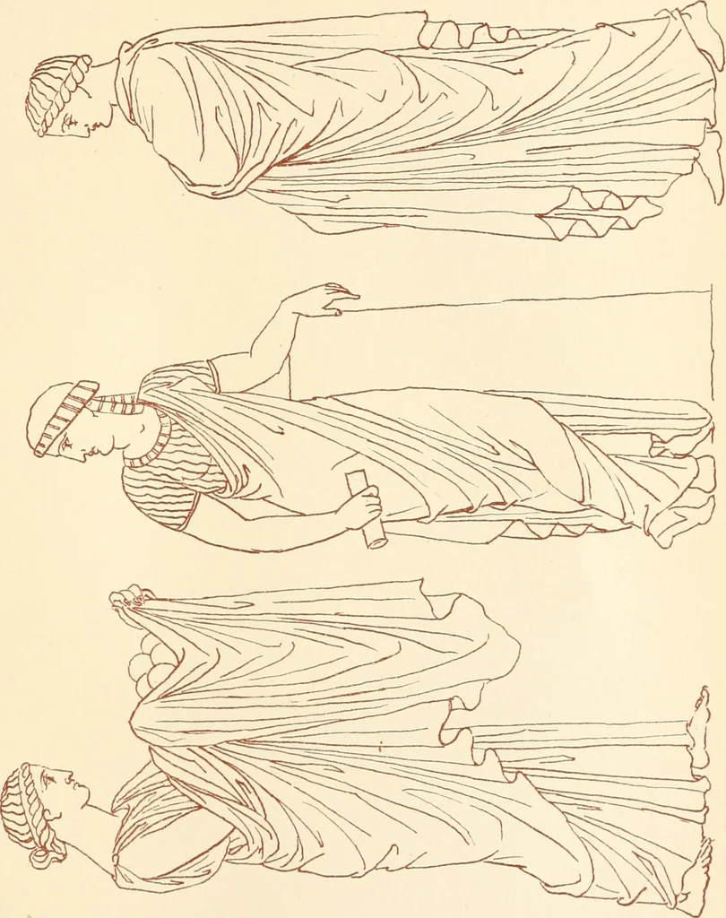 An illustration from Ancient Greek female costume : illustrated by one hundred and twelve plates and numerous smaller illustrations ; with descriptive letterpress and descriptive passages from the works of Homer, Hesiod, Herodotus, Aeschylus, Euripides, Aristophanes, Theocritus, Xenophon, Lucian, and other Greek authors, 1882, leaf 278