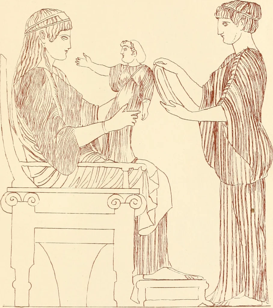 An illustration from Ancient Greek female costume : illustrated by one hundred and twelve plates and numerous smaller illustrations ; with descriptive letterpress and descriptive passages from the works of Homer, Hesiod, Herodotus, Aeschylus, Euripides, Aristophanes, Theocritus, Xenophon, Lucian, and other Greek authors, 1882, leaf 282