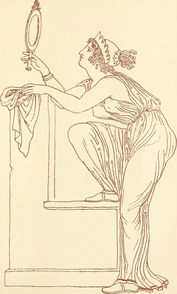 An illustration from Ancient Greek female costume : illustrated by one hundred and twelve plates and numerous smaller illustrations ; with descriptive letterpress and descriptive passages from the works of Homer, Hesiod, Herodotus, Aeschylus, Euripides, Aristophanes, Theocritus, Xenophon, Lucian, and other Greek authors, 1882, leaf 284