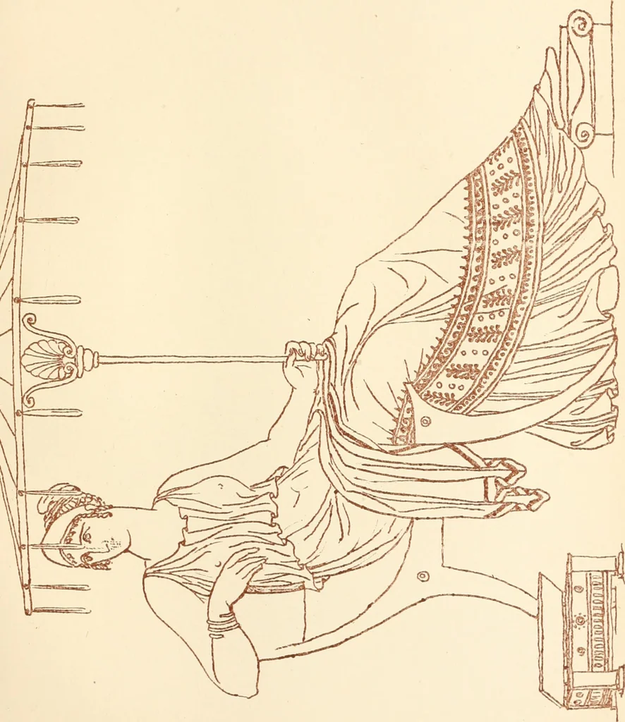 An illustration from Ancient Greek female costume : illustrated by one hundred and twelve plates and numerous smaller illustrations ; with descriptive letterpress and descriptive passages from the works of Homer, Hesiod, Herodotus, Aeschylus, Euripides, Aristophanes, Theocritus, Xenophon, Lucian, and other Greek authors, 1882, leaf 288