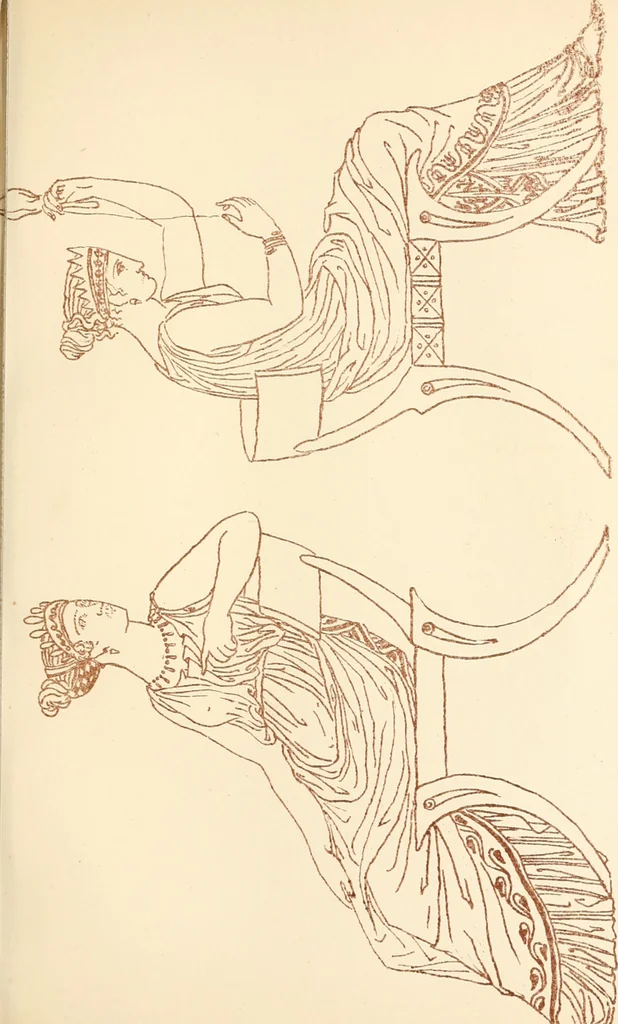 An illustration from Ancient Greek female costume : illustrated by one hundred and twelve plates and numerous smaller illustrations ; with descriptive letterpress and descriptive passages from the works of Homer, Hesiod, Herodotus, Aeschylus, Euripides, Aristophanes, Theocritus, Xenophon, Lucian, and other Greek authors, 1882, leaf 290