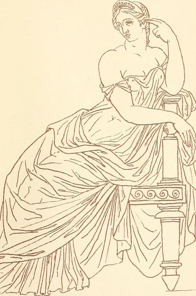 An illustration from Ancient Greek female costume : illustrated by one hundred and twelve plates and numerous smaller illustrations ; with descriptive letterpress and descriptive passages from the works of Homer, Hesiod, Herodotus, Aeschylus, Euripides, Aristophanes, Theocritus, Xenophon, Lucian, and other Greek authors, 1882, leaf 294