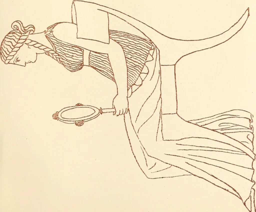 An illustration from Ancient Greek female costume : illustrated by one hundred and twelve plates and numerous smaller illustrations ; with descriptive letterpress and descriptive passages from the works of Homer, Hesiod, Herodotus, Aeschylus, Euripides, Aristophanes, Theocritus, Xenophon, Lucian, and other Greek authors, 1882, leaf 298