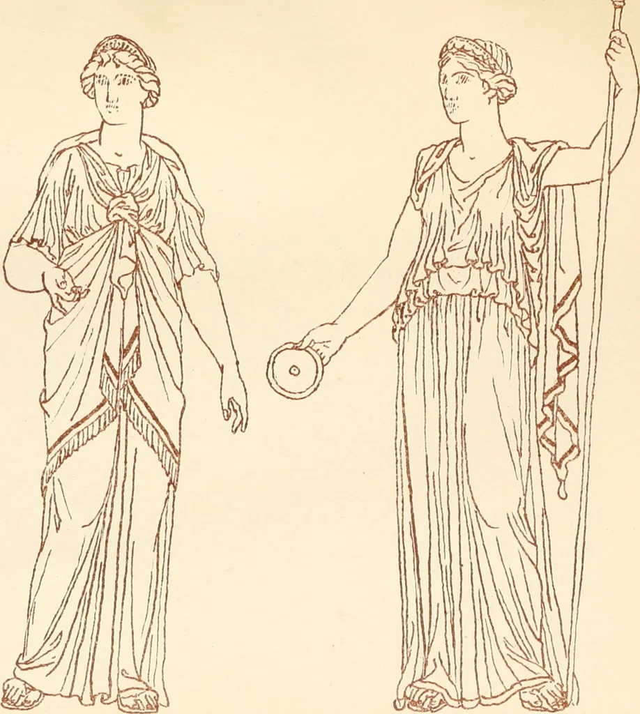 An illustration from Ancient Greek female costume : illustrated by one hundred and twelve plates and numerous smaller illustrations ; with descriptive letterpress and descriptive passages from the works of Homer, Hesiod, Herodotus, Aeschylus, Euripides, Aristophanes, Theocritus, Xenophon, Lucian, and other Greek authors, 1882, leaf 304
