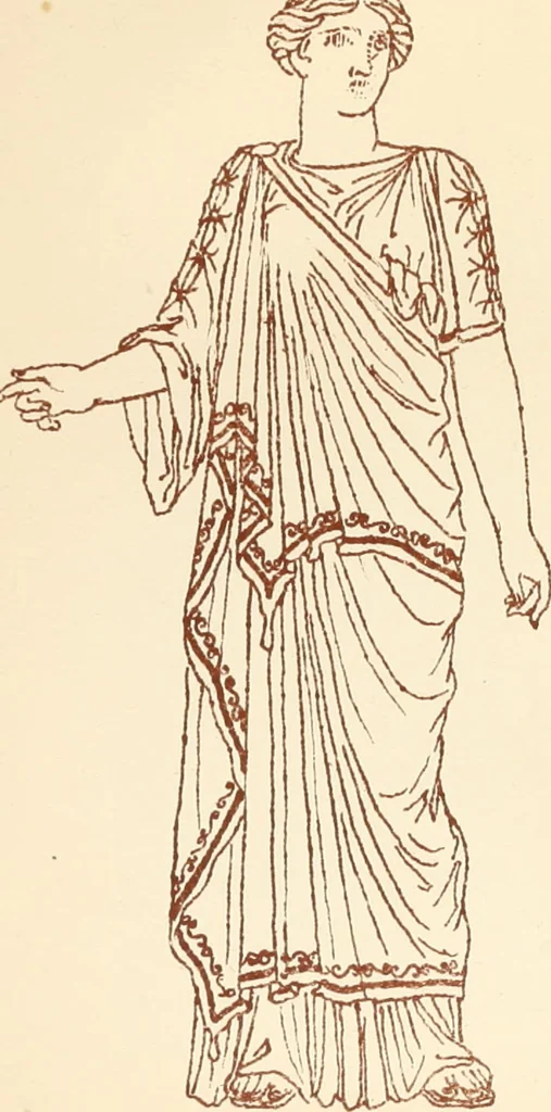 An illustration from Ancient Greek female costume : illustrated by one hundred and twelve plates and numerous smaller illustrations ; with descriptive letterpress and descriptive passages from the works of Homer, Hesiod, Herodotus, Aeschylus, Euripides, Aristophanes, Theocritus, Xenophon, Lucian, and other Greek authors, 1882, leaf 304