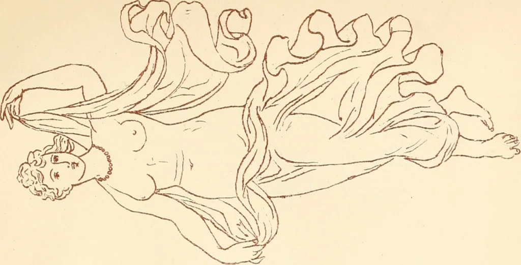 An illustration from Ancient Greek female costume : illustrated by one hundred and twelve plates and numerous smaller illustrations ; with descriptive letterpress and descriptive passages from the works of Homer, Hesiod, Herodotus, Aeschylus, Euripides, Aristophanes, Theocritus, Xenophon, Lucian, and other Greek authors, 1882, leaf 312