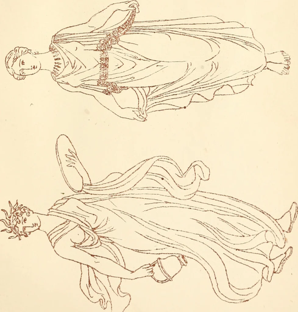 An illustration from Ancient Greek female costume : illustrated by one hundred and twelve plates and numerous smaller illustrations ; with descriptive letterpress and descriptive passages from the works of Homer, Hesiod, Herodotus, Aeschylus, Euripides, Aristophanes, Theocritus, Xenophon, Lucian, and other Greek authors, 1882, leaf 312