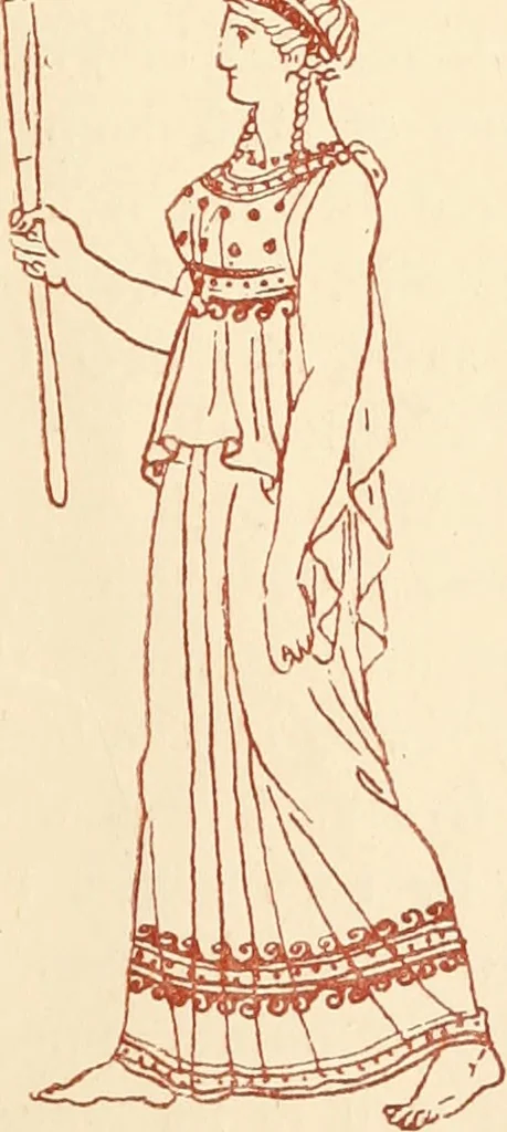 An illustration from Ancient Greek female costume : illustrated by one hundred and twelve plates and numerous smaller illustrations ; with descriptive letterpress and descriptive passages from the works of Homer, Hesiod, Herodotus, Aeschylus, Euripides, Aristophanes, Theocritus, Xenophon, Lucian, and other Greek authors, 1882, leaf 32