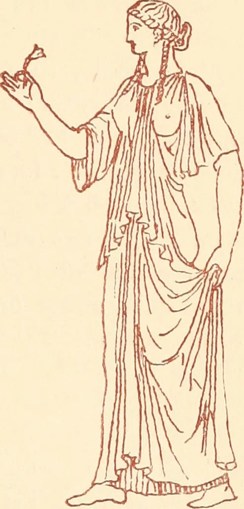 An illustration from Ancient Greek female costume : illustrated by one hundred and twelve plates and numerous smaller illustrations ; with descriptive letterpress and descriptive passages from the works of Homer, Hesiod, Herodotus, Aeschylus, Euripides, Aristophanes, Theocritus, Xenophon, Lucian, and other Greek authors, 1882, leaf 32