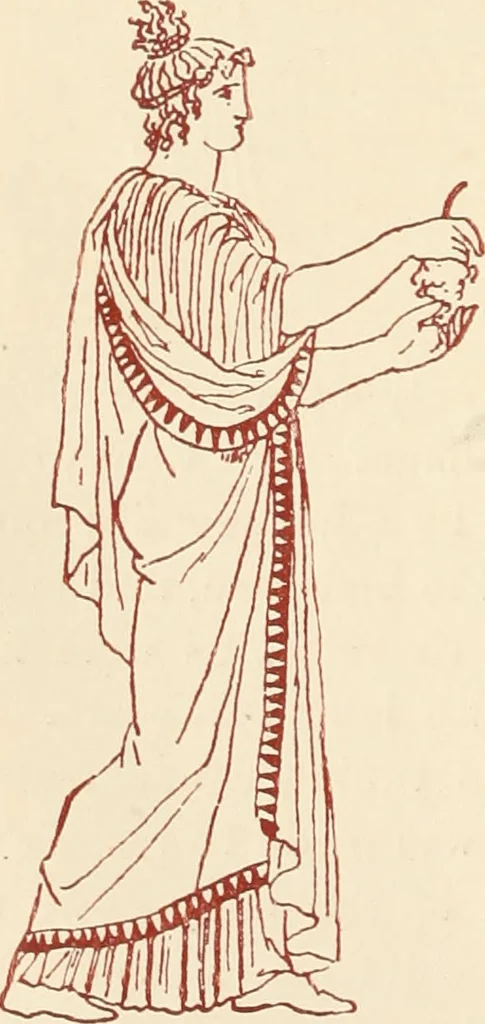 An illustration from Ancient Greek female costume : illustrated by one hundred and twelve plates and numerous smaller illustrations ; with descriptive letterpress and descriptive passages from the works of Homer, Hesiod, Herodotus, Aeschylus, Euripides, Aristophanes, Theocritus, Xenophon, Lucian, and other Greek authors, 1882, leaf 33