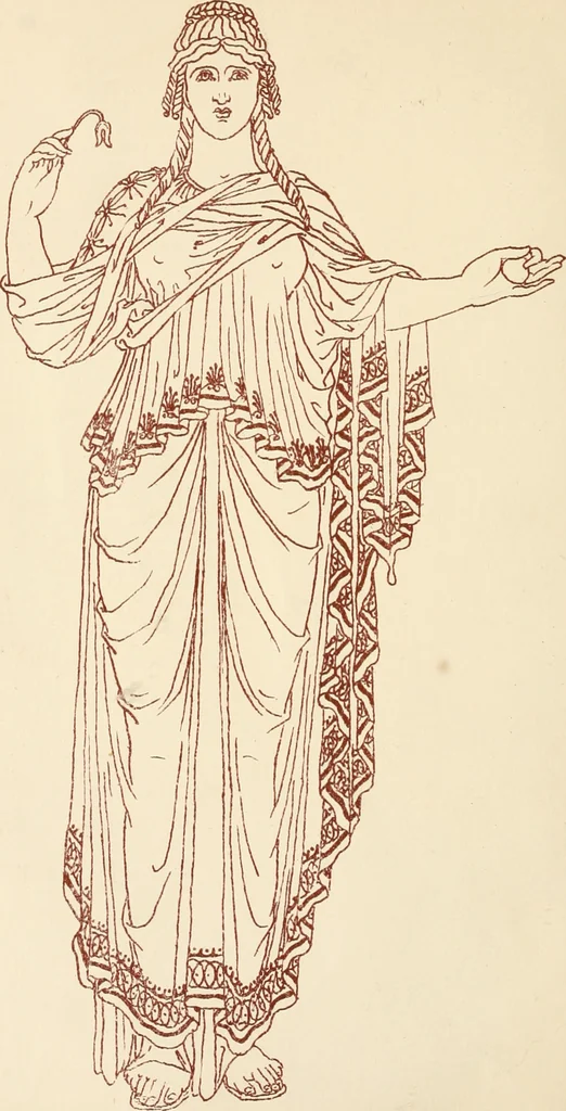 An illustration from Ancient Greek female costume : illustrated by one hundred and twelve plates and numerous smaller illustrations ; with descriptive letterpress and descriptive passages from the works of Homer, Hesiod, Herodotus, Aeschylus, Euripides, Aristophanes, Theocritus, Xenophon, Lucian, and other Greek authors, 1882, leaf 5