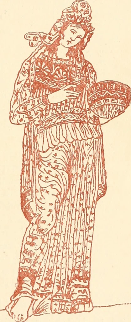 An illustration from Ancient Greek female costume : illustrated by one hundred and twelve plates and numerous smaller illustrations ; with descriptive letterpress and descriptive passages from the works of Homer, Hesiod, Herodotus, Aeschylus, Euripides, Aristophanes, Theocritus, Xenophon, Lucian, and other Greek authors, 1882, leaf 50
