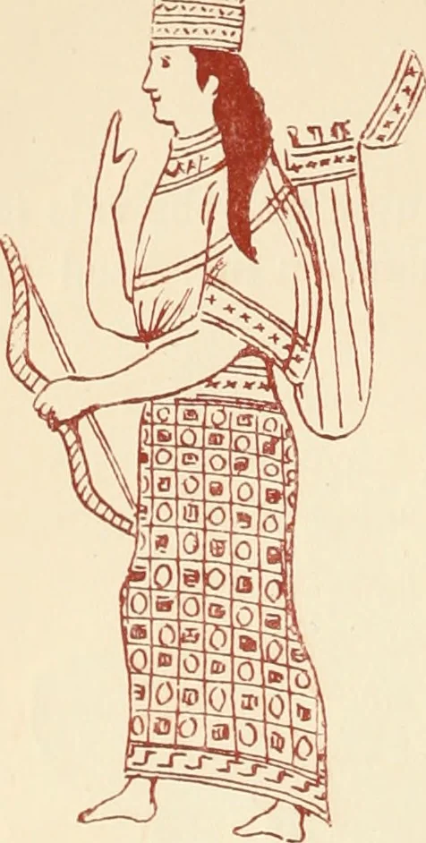 An illustration from Ancient Greek female costume : illustrated by one hundred and twelve plates and numerous smaller illustrations ; with descriptive letterpress and descriptive passages from the works of Homer, Hesiod, Herodotus, Aeschylus, Euripides, Aristophanes, Theocritus, Xenophon, Lucian, and other Greek authors, 1882, leaf 51