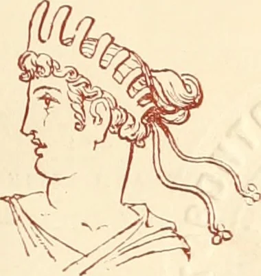 An illustration from Ancient Greek female costume : illustrated by one hundred and twelve plates and numerous smaller illustrations ; with descriptive letterpress and descriptive passages from the works of Homer, Hesiod, Herodotus, Aeschylus, Euripides, Aristophanes, Theocritus, Xenophon, Lucian, and other Greek authors, 1882, leaf 6