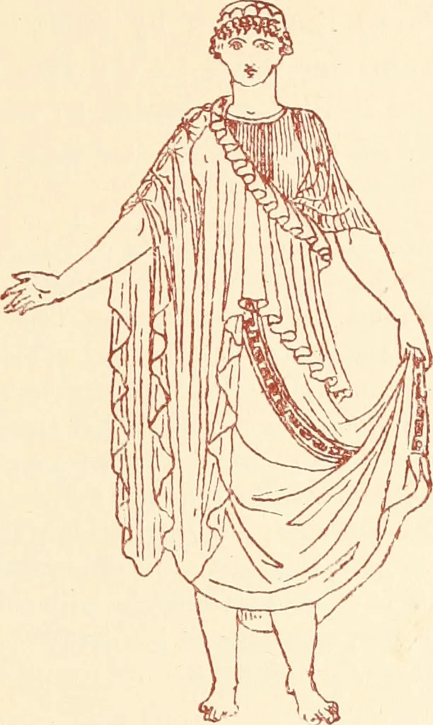 An illustration from Ancient Greek female costume : illustrated by one hundred and twelve plates and numerous smaller illustrations ; with descriptive letterpress and descriptive passages from the works of Homer, Hesiod, Herodotus, Aeschylus, Euripides, Aristophanes, Theocritus, Xenophon, Lucian, and other Greek authors, 1882, leaf 62