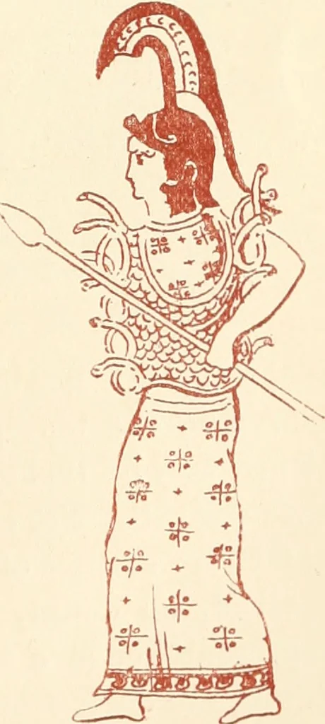An illustration from Ancient Greek female costume : illustrated by one hundred and twelve plates and numerous smaller illustrations ; with descriptive letterpress and descriptive passages from the works of Homer, Hesiod, Herodotus, Aeschylus, Euripides, Aristophanes, Theocritus, Xenophon, Lucian, and other Greek authors, 1882, leaf 66