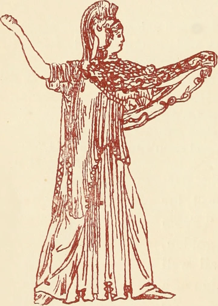 An illustration from Ancient Greek female costume : illustrated by one hundred and twelve plates and numerous smaller illustrations ; with descriptive letterpress and descriptive passages from the works of Homer, Hesiod, Herodotus, Aeschylus, Euripides, Aristophanes, Theocritus, Xenophon, Lucian, and other Greek authors, 1882, leaf 67