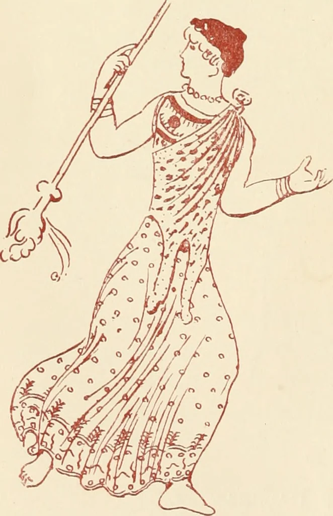 An illustration from Ancient Greek female costume : illustrated by one hundred and twelve plates and numerous smaller illustrations ; with descriptive letterpress and descriptive passages from the works of Homer, Hesiod, Herodotus, Aeschylus, Euripides, Aristophanes, Theocritus, Xenophon, Lucian, and other Greek authors, 1882, leaf 71