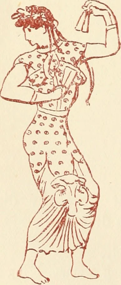 An illustration from Ancient Greek female costume : illustrated by one hundred and twelve plates and numerous smaller illustrations ; with descriptive letterpress and descriptive passages from the works of Homer, Hesiod, Herodotus, Aeschylus, Euripides, Aristophanes, Theocritus, Xenophon, Lucian, and other Greek authors, 1882, leaf 73
