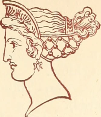 An illustration from Ancient Greek female costume : illustrated by one hundred and twelve plates and numerous smaller illustrations ; with descriptive letterpress and descriptive passages from the works of Homer, Hesiod, Herodotus, Aeschylus, Euripides, Aristophanes, Theocritus, Xenophon, Lucian, and other Greek authors, 1882, leaf 86
