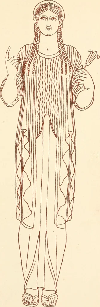 An illustration from Ancient Greek female costume : illustrated by one hundred and twelve plates and numerous smaller illustrations ; with descriptive letterpress and descriptive passages from the works of Homer, Hesiod, Herodotus, Aeschylus, Euripides, Aristophanes, Theocritus, Xenophon, Lucian, and other Greek authors, 1882, leaf 94
