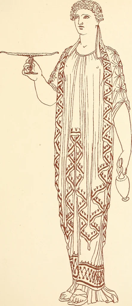 An illustration from Ancient Greek female costume : illustrated by one hundred and twelve plates and numerous smaller illustrations ; with descriptive letterpress and descriptive passages from the works of Homer, Hesiod, Herodotus, Aeschylus, Euripides, Aristophanes, Theocritus, Xenophon, Lucian, and other Greek authors, 1882, leaf 96