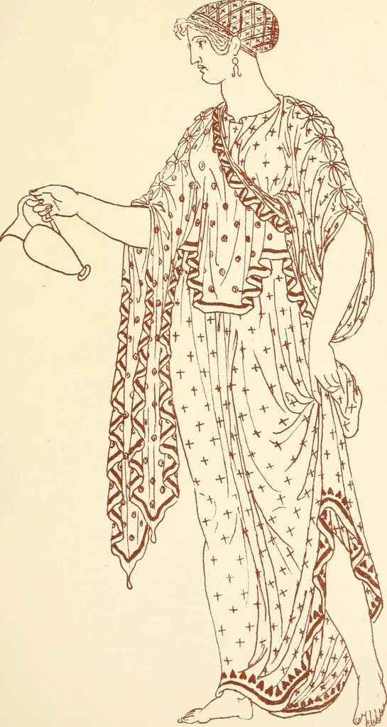 An illustration from Ancient Greek female costume : illustrated by one hundred and twelve plates and numerous smaller illustrations ; with descriptive letterpress and descriptive passages from the works of Homer, Hesiod, Herodotus, Aeschylus, Euripides, Aristophanes, Theocritus, Xenophon, Lucian, and other Greek authors, 1882, leaf 98