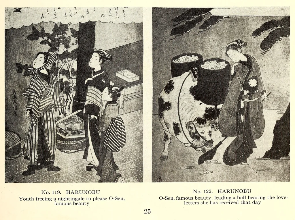 An illustration from Ancient Japanese and Chinese Brocades, Japanese Color Prints : The Collection of Shojiro Nomura of Kioto, Nishiki and Kinran Brocades and Tapestries from 1400 to 1812, Rare Prints in Early Impressions (Some from the Hayashi Collection) by Harunobu, Buncho, Hiroshige, Kiyonaga, Koriusai, Masanobu, Shuncho, Shunko, Shunyei, Toyoharu, Toyokuni, Utamaro with a Kakemono Painting dating from the 13th Century of Buddha in Gold on a Red Background, 1915, leaf 29