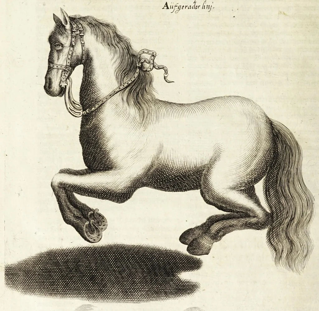 An illustration from Ander Haupt-Theil des vollkommenen ergäntzten Pferd-Schatzes : dessen I. Inhalt auf den Reuter und desselben Bezeigungen zielend, als die nothwendige Theoria in dess Reuters Unterweisungsart ... : wie der 2. Inhalt auf das Pferd und desselben Bezeigungen in aller Abrichtung gerichtet, 1664, leaf 238
