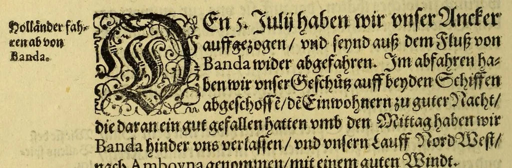 An illustration from Ander Schiffart[.] In die Orientalische Indien, so die holländische Schieff (welche im Martio 1598. aussgefahren, dauon die 2. letzste im Mayo 1600. mit grossem Schatz von Würtz wider kommen seynd) verrichtet. : Darin[n] kürtzlich, doch warhafftiglich, der gantze Success der Reyse, erzehlet wirdt. Mit etlichen nötigen Erklärung, Carten vnd Figuren gezieret,, 1615, leaf 106