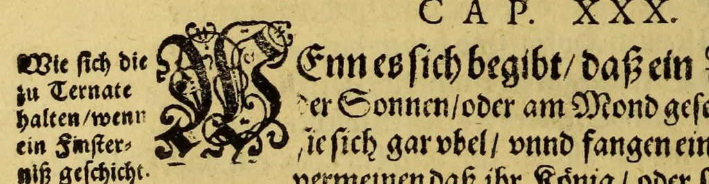 An illustration from Ander Schiffart[.] In die Orientalische Indien, so die holländische Schieff (welche im Martio 1598. aussgefahren, dauon die 2. letzste im Mayo 1600. mit grossem Schatz von Würtz wider kommen seynd) verrichtet. : Darin[n] kürtzlich, doch warhafftiglich, der gantze Success der Reyse, erzehlet wirdt. Mit etlichen nötigen Erklärung, Carten vnd Figuren gezieret,, 1615, leaf 130