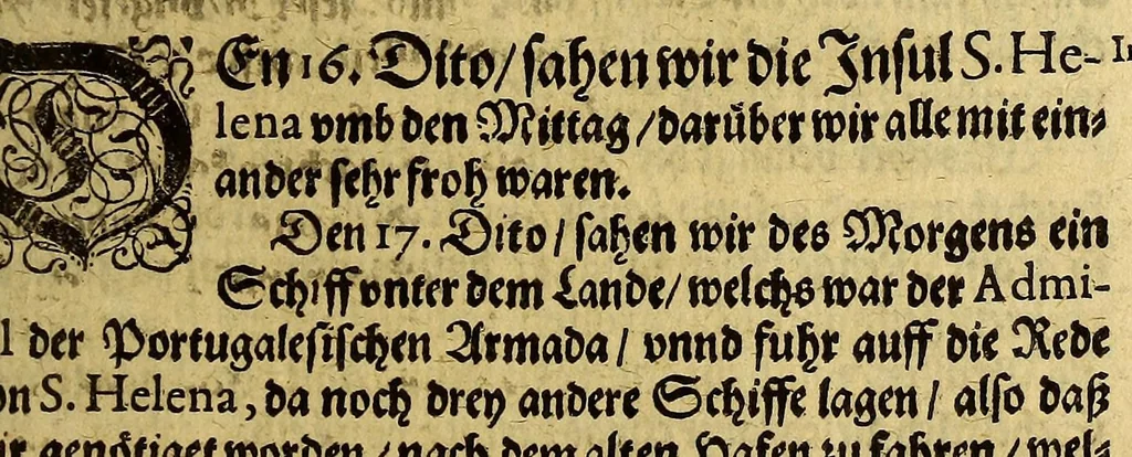 An illustration from Ander Schiffart[.] In die Orientalische Indien, so die holländische Schiff (welche im Martio 1598. aussgefahren, dauon die 2. letzste im Mayo 1600. mit grossem Schatz von Würtz wider kommen seynd) verrichtet. : Darin kürtzlich, doch warhafftiglich, der gantze Succes der Reyse, erzehlet wirdt. Mit etlichen nötigen Erklärung, Carten vnd Figuren gezieret., 1605, leaf 153
