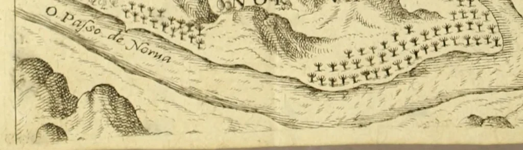 An illustration from Ander Theil der Orientalischen Indien, Von allen Völckern, Insulen, Meerporten, fliessenden Wassern vnd anderen Orten, so von Portugal auss, lengst dem Gestaden Aphrica, biss in Ost Indien vnd zu dem Landt China, sampt andern Insulen zu sehen seynd. : Beneben derenselben Aberglauben, Götzendienst vnd Tempeln, item von ihren Sitten, Trachten, Kleidungen, Policeyordnung, vnd wie sie hausshalten, beid so viel die Portugesen, welche da im Landt wohnen, vnd auch das inheimische Landvölcklein anlangt. Dessgleichen von der Residentz dess Spanischen Viceroys vnd anderer Spanier in Goa, item von allen Orientalischen, Indianischen Waaren vnd Kummerschafften: sampt deren Gewichten, Masen, Müntzen vnd ihrem Valor oder Wirdtgung., 1613, leaf 100