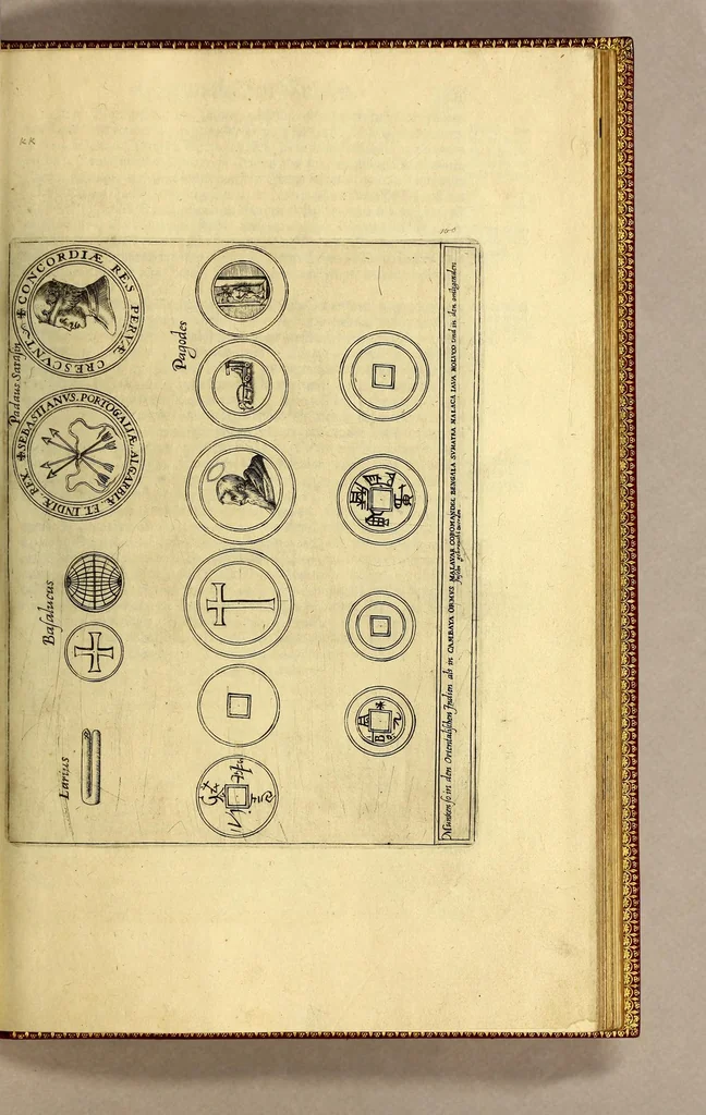 An illustration from Ander Theil der Orientalischen Indien, Von allen Völckern, Insulen, Meerporten, fliessenden Wassern vnd anderen Orten, so von Portugal auss, lengst dem Gestaden Aphrica, biss in Ost Indien vnd zu dem Landt China, sampt andern Insulen zu sehen seynd. : Beneben derenselben Aberglauben, Götzendienst vnd Tempeln, item von ihren Sitten, Trachten, Kleidungen, Policeyordnung, vnd wie sie hausshalten, beid so viel die Portugesen, welche da im Landt wohnen, vnd auch das inheimische Landvölcklein anlangt. Dessgleichen von der Residentz dess Spanischen Viceroys vnd anderer Spanier in Goa, item von allen Orientalischen, Indianischen Waaren vnd Kummerschafften: sampt deren Gewichten, Masen, Müntzen vnd ihrem Valor oder Wirdtgung., 1613, leaf 123