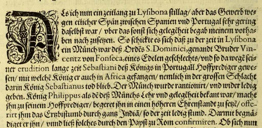 An illustration from Ander Theil der Orientalischen Indien, Von allen Völckern, Insulen, Meerporten, fliessenden Wassern vnd anderen Orten, so von Portugal auss, lengst dem Gestaden Aphrica, biss in Ost Indien vnd zu dem Landt China, sampt andern Insulen zu sehen seynd. : Beneben derenselben Aberglauben, Götzendienst vnd Tempeln, item von ihren Sitten, Trachten, Kleidungen, Policeyordnung, vnd wie sie hausshalten, beid so viel die Portugesen, welche da im Landt wohnen, vnd auch das inheimische Landvölcklein anlangt. Dessgleichen von der Residentz dess Spanischen Viceroys vnd anderer Spanier in Goa, item von allen Orientalischen, Indianischen Waaren vnd Kummerschafften: sampt deren Gewichten, Masen, Müntzen vnd ihrem Valor oder Wirdtgung., 1613, leaf 14
