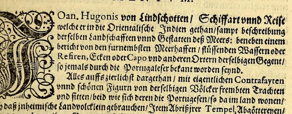 An illustration from Ander Theil der Orientalischen Indien, Von allen Völckern, Insulen, Meerporten, fliessenden Wassern vnd anderen Orten, so von Portugal auss, lengst dem Gestaden Aphrica, biss in Ost Indien vnd zu dem Landt China, sampt andern Insulen zu sehen seind. : Beneben derenselben Aberglauben, Götzendienst vnd Tempeln, item von jren Sitten, Trachten, Kleidungen, Policeyordnung, vnd wie sie hausshalten, beid so viel die Portugesen, welche dam im Landt wohnen, vnd auch das inheimische Landvölcklein anlangt. Dessgleichen von der Residentz dess Spanischen Viceroys vnd anderer Spanier in Goa, item von allen Orientalischen, Indianischen Waaren vnd Kummerschafften: sampt deren Gewichten, Masen, Müntzen vnd ihrem Valor oder Wirdtgung., 1598, leaf 21