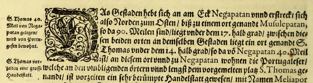 An illustration from Ander Theil der Orientalischen Indien, Von allen Völckern, Insulen, Meerporten, fliessenden Wassern vnd anderen Orten, so von Portugal auss, lengst dem Gestaden Aphrica, biss in Ost Indien vnd zu dem Landt China, sampt andern Insulen zu sehen seind. : Beneben derenselben Aberglauben, Götzendienst vnd Tempeln, item von jren Sitten, Trachten, Kleidungen, Policeyordnung, vnd wie sie hausshalten, beid so viel die Portugesen, welche dam im Landt wohnen, vnd auch das inheimische Landvölcklein anlangt. Dessgleichen von der Residentz dess Spanischen Viceroys vnd anderer Spanier in Goa, item von allen Orientalischen, Indianischen Waaren vnd Kummerschafften: sampt deren Gewichten, Masen, Müntzen vnd ihrem Valor oder Wirdtgung., 1598, leaf 62
