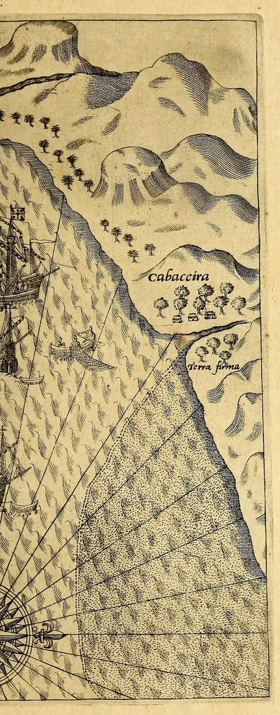 An illustration from Ander Theil der Orientalischen Indien, Von allen Völckern, Insulen, Meerporten, fliessenden Wassern vnd anderen Orten, so von Portugal auss, lengst dem Gestaden Aphrica, biss in Ost Indien vnd zu dem Landt China, sampt andern Insulen zu sehen seind. : Beneben derenselben Aberglauben, Götzendienst vnd Tempeln, item von jren Sitten, Trachten, Kleidungen, Policeyordnung, vnd wie sie hausshalten, beid so viel die Portugesen, welche dam im Landt wohnen, vnd auch das inheimische Landvölcklein anlangt. Dessgleichen von der Residentz dess Spanischen Viceroys vnd anderer Spanier in Goa, item von allen Orientalischen, Indianischen Waaren vnd Kummerschafften: sampt deren Gewichten, Masen, Müntzen vnd ihrem Valor oder Wirdtgung., 1598, leaf 9