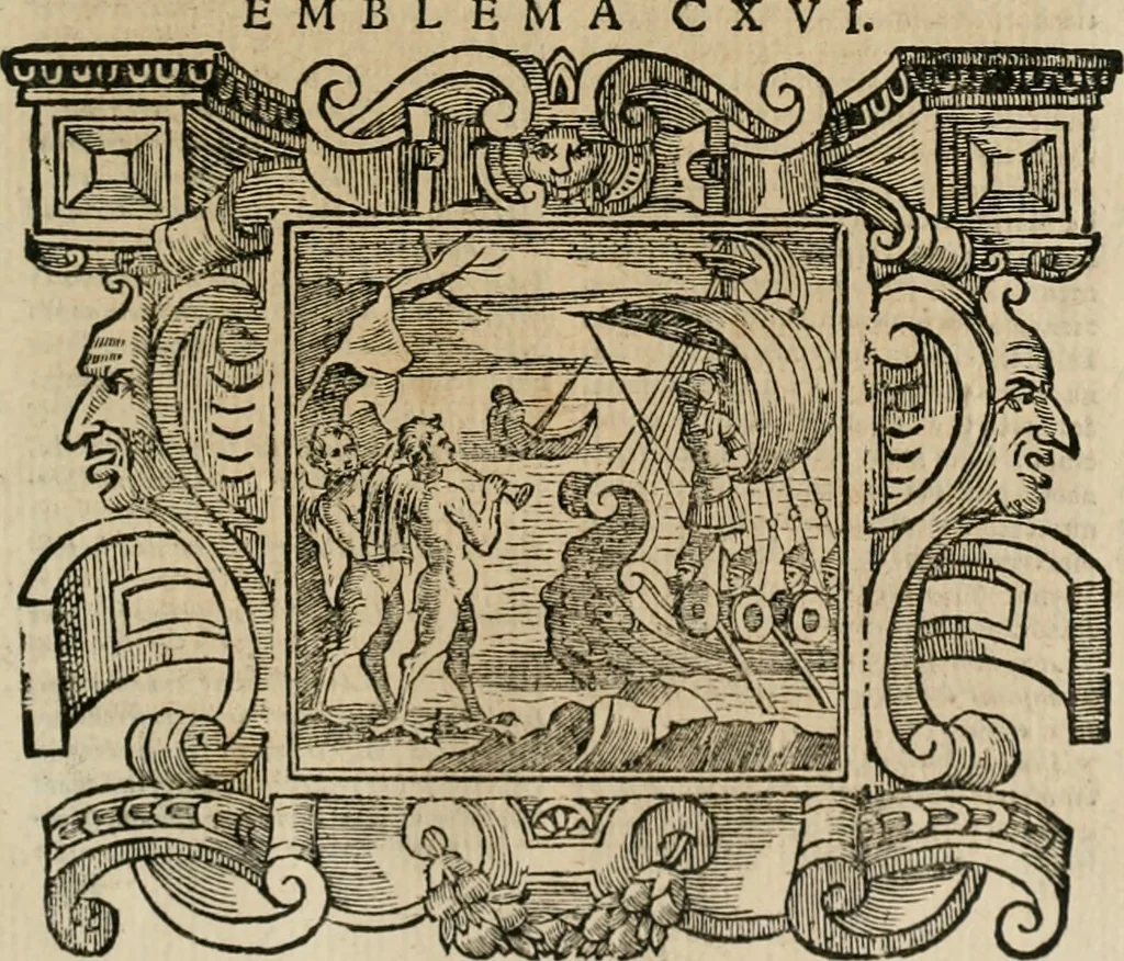 An illustration from Andreae Alciati Emblemata cum commentariis Claudii Minois I.C. Francisci Sanctii Brocensis, & notis Laurentij Pignorij Patavini : nouissima hac editione in continuam vnius commentarij seriem congestis, in certas quasdam quasi classes dispositis, & plusquam dimidia parte auctis, 1661, leaf 570