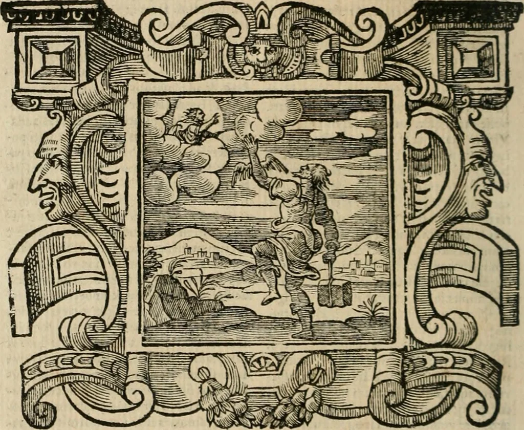 An illustration from Andreae Alciati Emblemata cum commentariis Claudii Minois I.C. Francisci Sanctii Brocensis, & notis Laurentij Pignorij Patavini : nouissima hac editione in continuam vnius commentarij seriem congestis, in certas quasdam quasi classes dispositis, & plusquam dimidia parte auctis, 1661, leaf 603