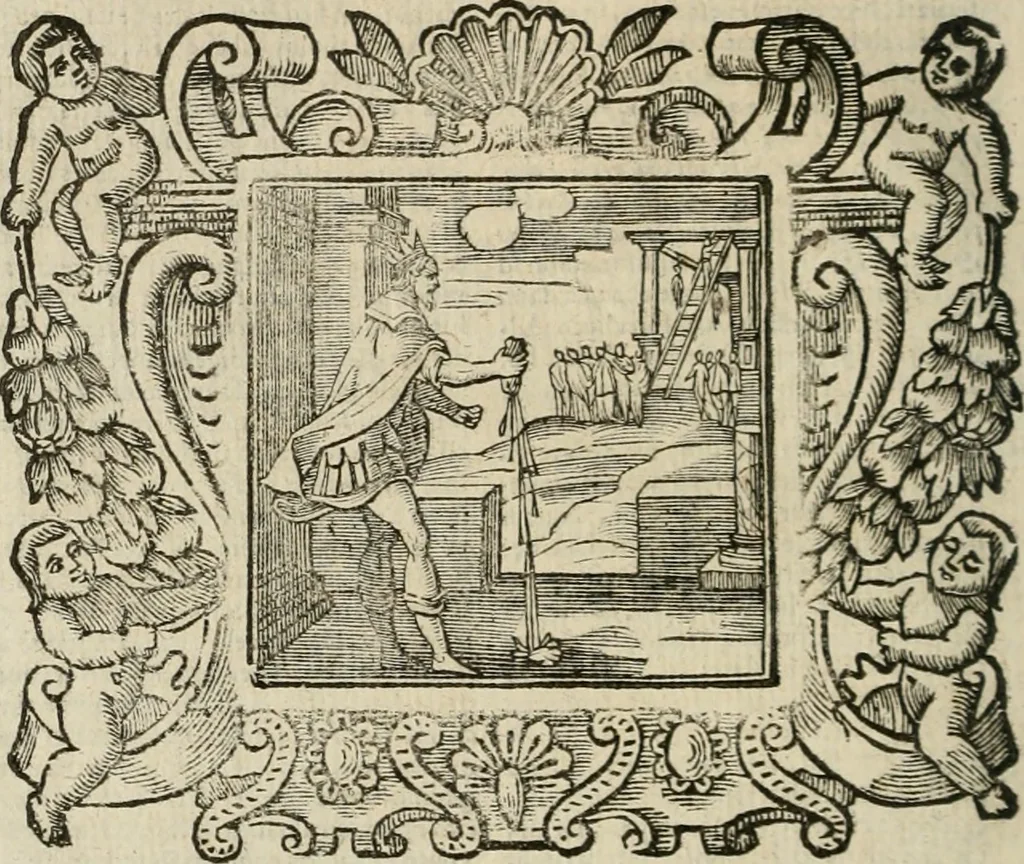 An illustration from Andreae Alciati Emblemata cum commentariis Claudii Minois I.C. Francisci Sanctii Brocensis, & notis Laurentij Pignorij Patavini : nouissima hac editione in continuam vnius commentarij seriem congestis, in certas quasdam quasi classes dispositis, & plusquam dimidia parte auctis, 1661, leaf 713