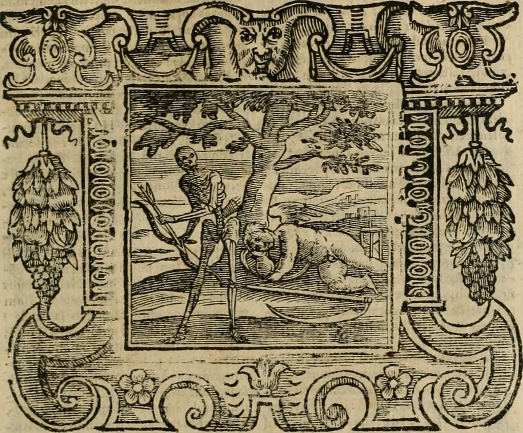 An illustration from Andreae Alciati Emblemata cum commentariis Claudii Minois I.C. Francisci Sanctii Brocensis, & notis Laurentij Pignorij Patavini : nouissima hac editione in continuam vnius commentarij seriem congestis, in certas quasdam quasi classes dispositis, & plusquam dimidia parte auctis, 1661, leaf 744