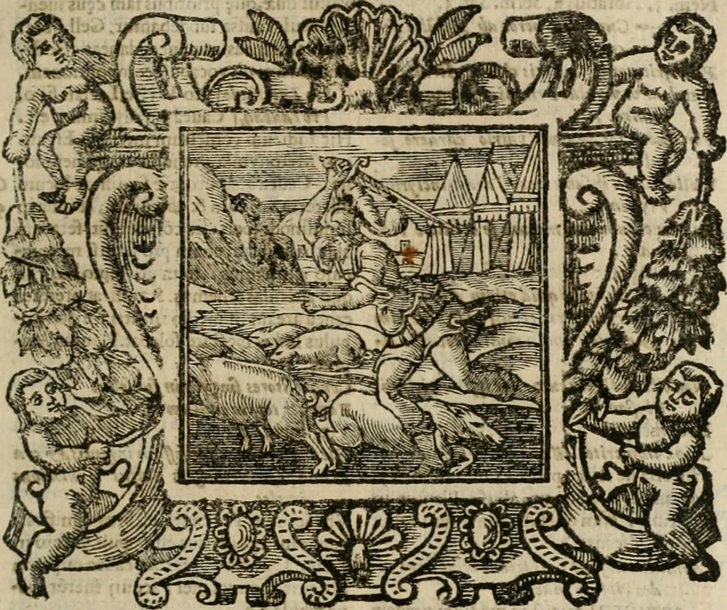 An illustration from Andreae Alciati Emblemata cum commentariis Claudii Minois I.C. Francisci Sanctii Brocensis, & notis Laurentij Pignorij Patavini : nouissima hac editione in continuam vnius commentarij seriem congestis, in certas quasdam quasi classes dispositis, & plusquam dimidia parte auctis, 1661, leaf 814