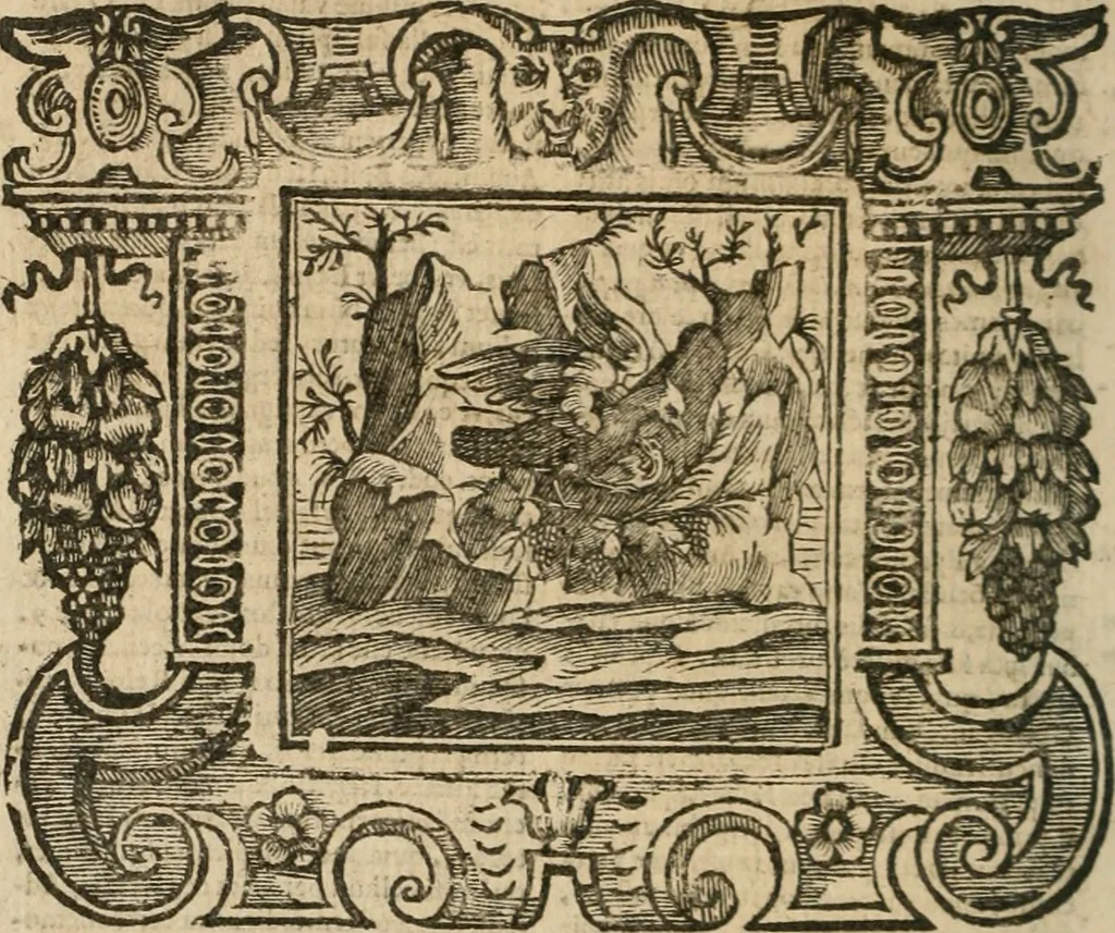 An illustration from Andreae Alciati Emblemata cum commentariis Claudii Minois I.C. Francisci Sanctii Brocensis, & notis Laurentij Pignorij Patavini : nouissima hac editione in continuam vnius commentarij seriem congestis, in certas quasdam quasi classes dispositis, & plusquam dimidia parte auctis, 1661, leaf 825