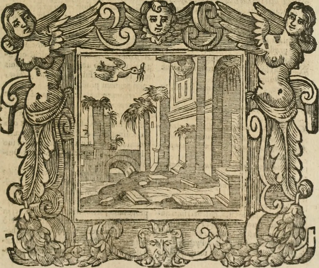An illustration from Andreae Alciati Emblemata cum commentariis Claudii Minois I.C. Francisci Sanctii Brocensis, & notis Laurentij Pignorij Patavini : nouissima hac editione in continuam vnius commentarij seriem congestis, in certas quasdam quasi classes dispositis, & plusquam dimidia parte auctis, 1661, leaf 830